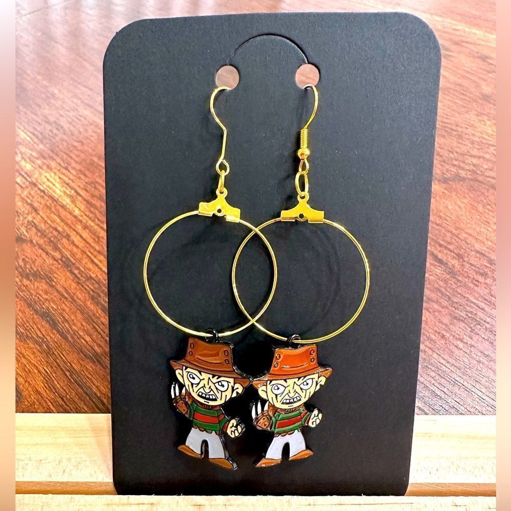 Freddie Krueger Horror Movie Gold Dangle Halloween Earrings